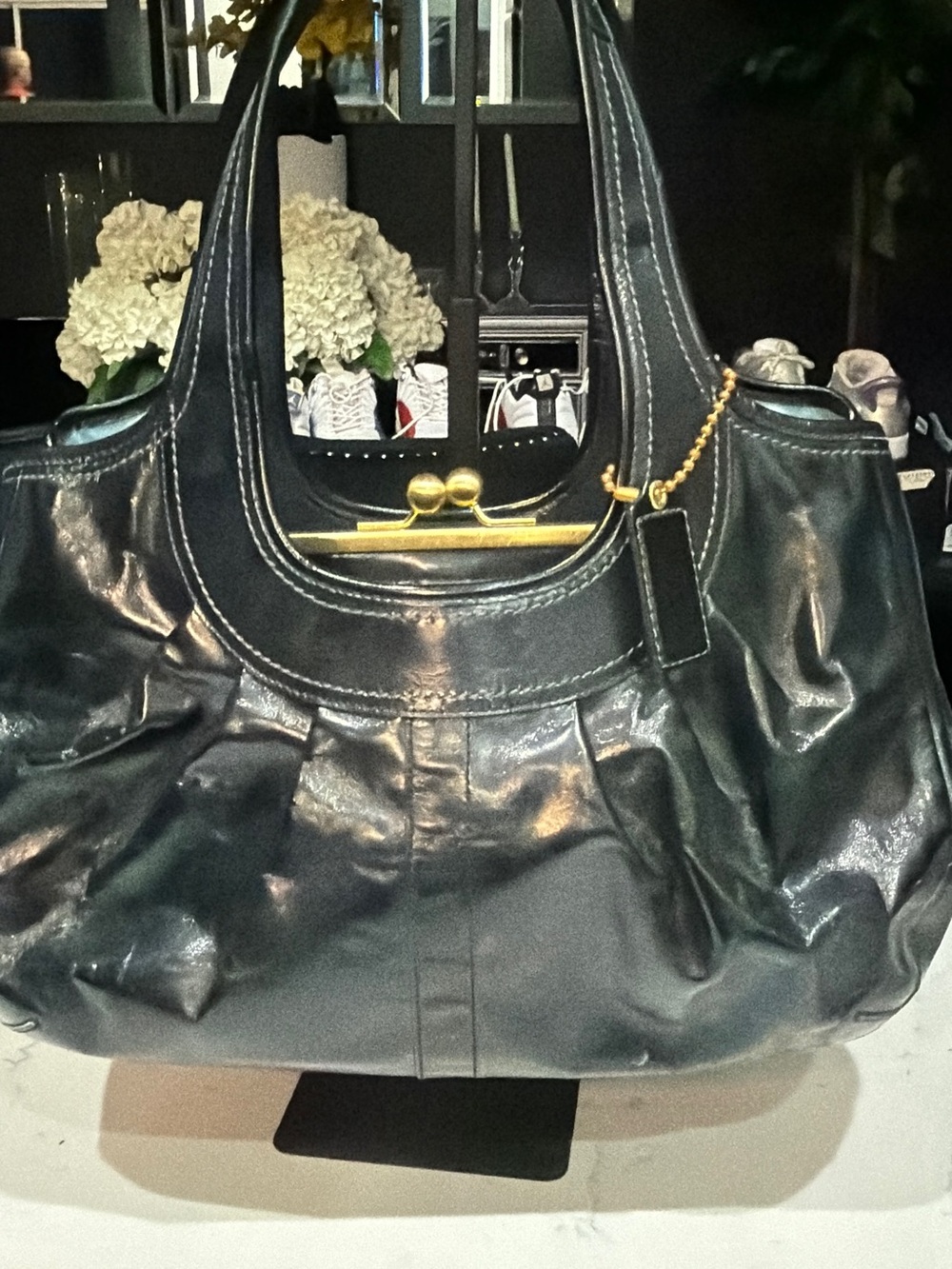 Coach Black Leather Shoulder Bag with Gold-Tone Accent